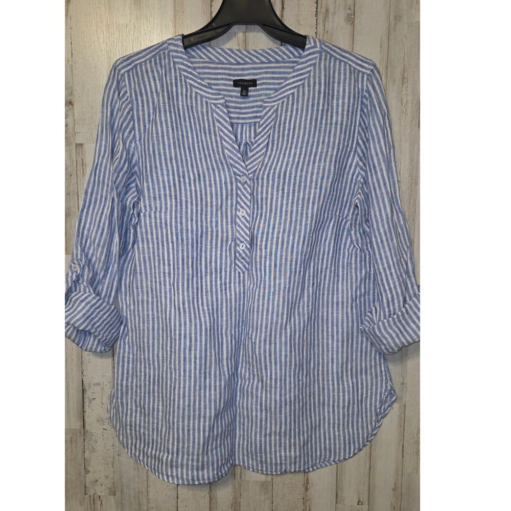 Talbots size M Striped Henley Top Blouse 100% Linen Long Tab sleeve tunic